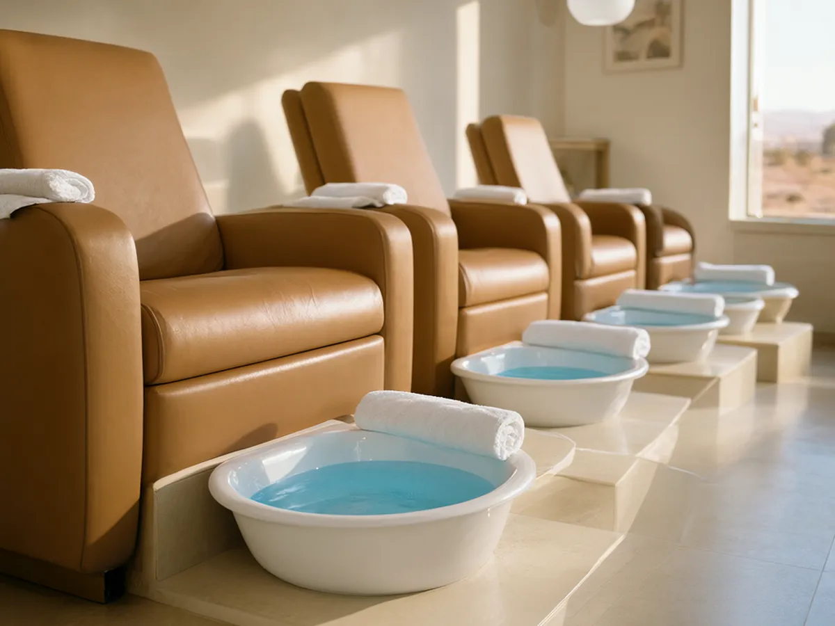 A row of tan pedicure chairs with porcelain foot basins of clear water