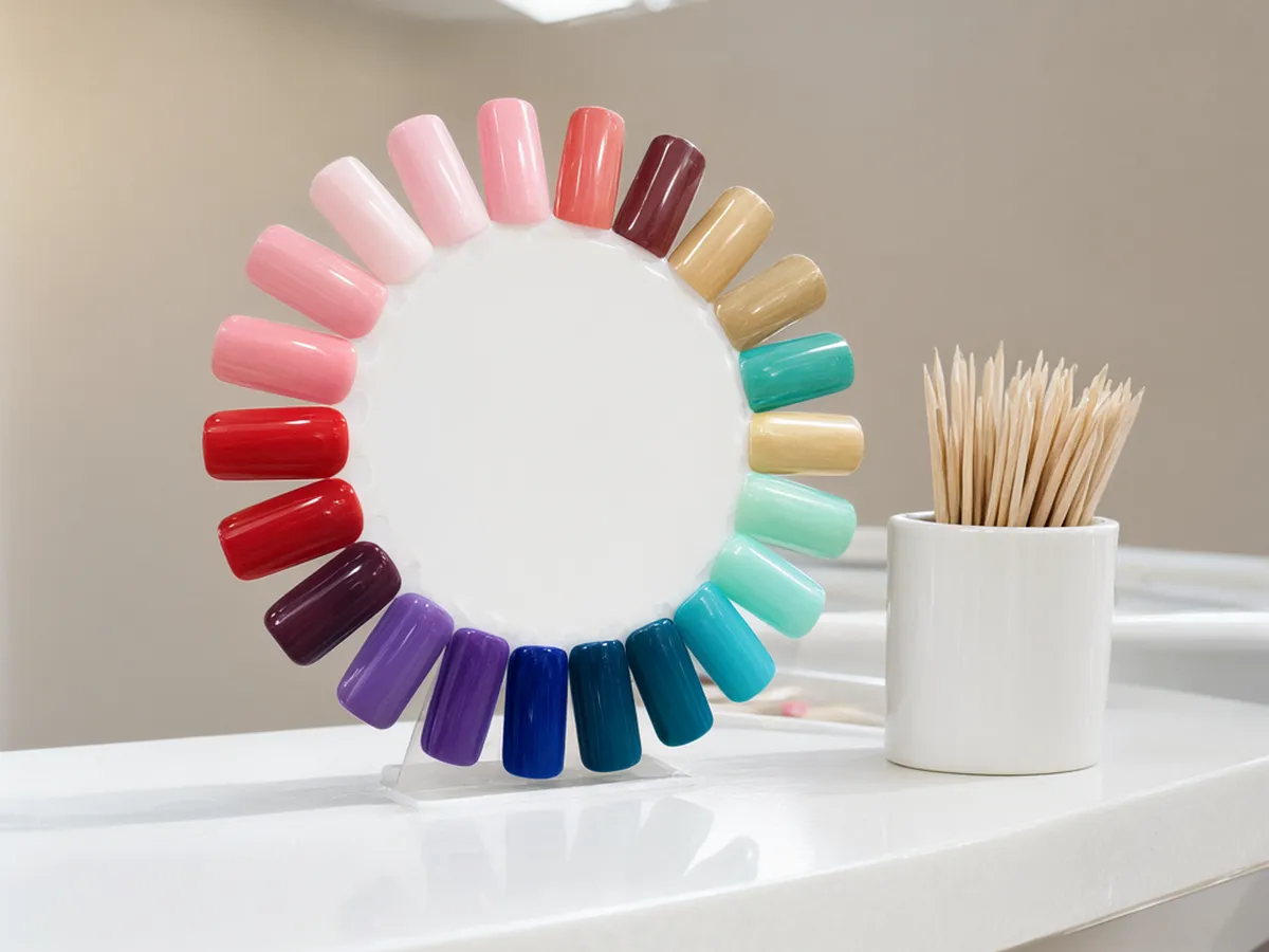 A color wheel of painted nail tips in pinks, reds, purples, blues and greens